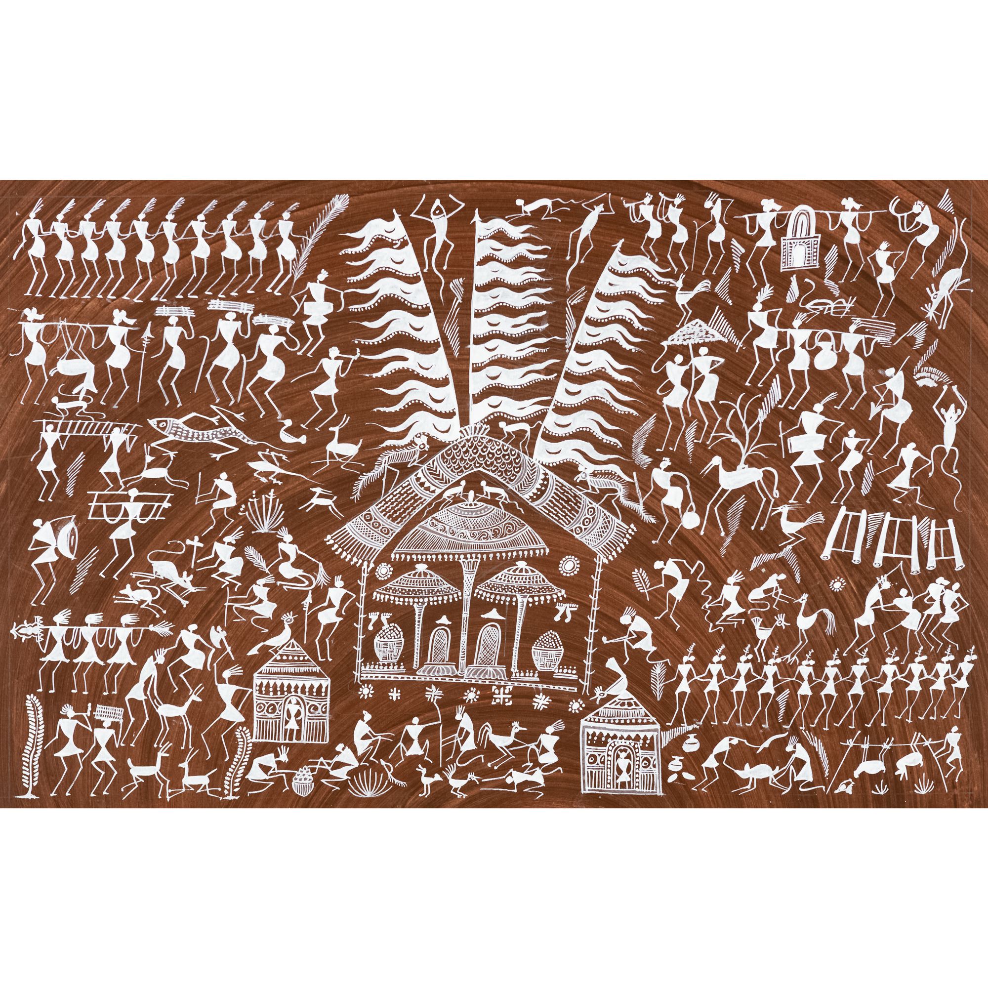 Authentic Classic Indian Traditional Unframed Hand Made Warli Painting (55.44X139.71)