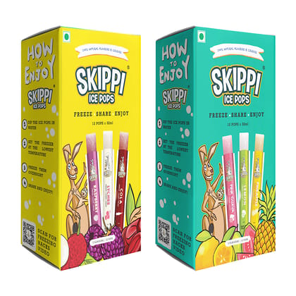 Cola,Lychee,Raspberry,Pink Guava,Lemon and Pineapple Flavor Combo of  small pack of 12 +12 Skippi Natural Icepops of 32 ml each