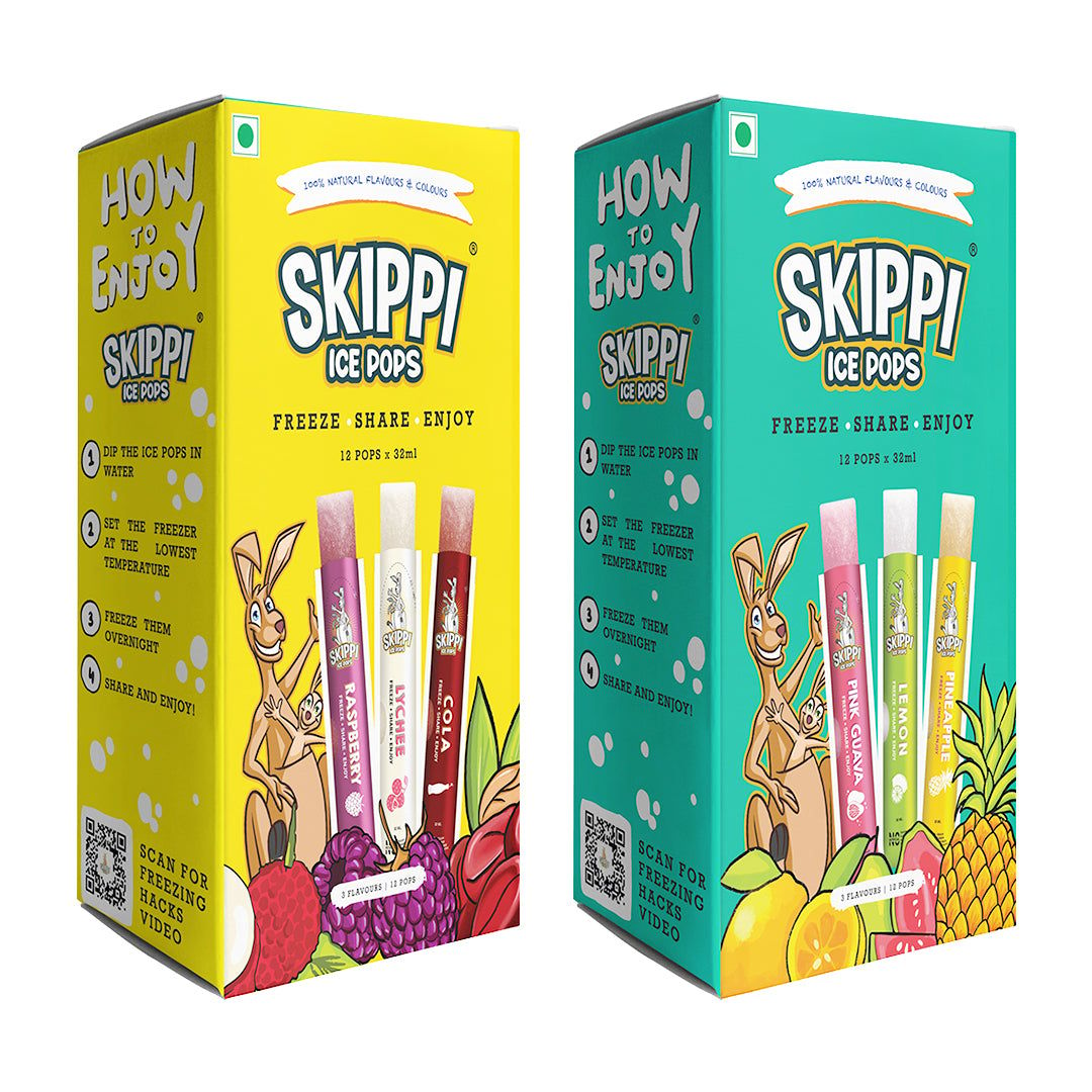 Cola,Lychee,Raspberry,Pink Guava,Lemon and Pineapple Flavor Combo of  small pack of 12 +12 Skippi Natural Icepops of 32 ml each