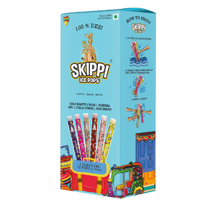 All Desi Flavour Box of Skippi Ice Pops, Kala Khatta, Rose, Jaljeera, Imli, Chilli Guava, Aam Panna ( 2 Qty of 6 Indian flavours, 12 Ice pops X 70ml each)