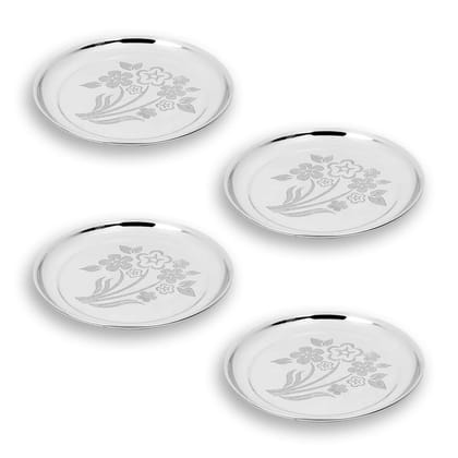 DOKCHAN Stainless Steel Plain Full Dinner Deep Plate Mirror Glossy Finish with Laser Flower Print Design 7.5 Inch (Pack 04, Small)