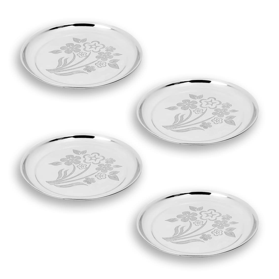 DOKCHAN Stainless Steel Plain Full Dinner Deep Plate Mirror Glossy Finish with Laser Flower Print Design 7.5 Inch (Pack 04, Small)