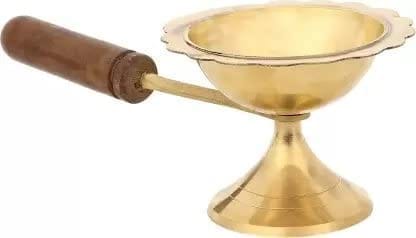 Dokchan Pure Brass Home Purifying Incense Burner Lobandan, Brass Dhuna dhuni Brass, Wood Table Diya