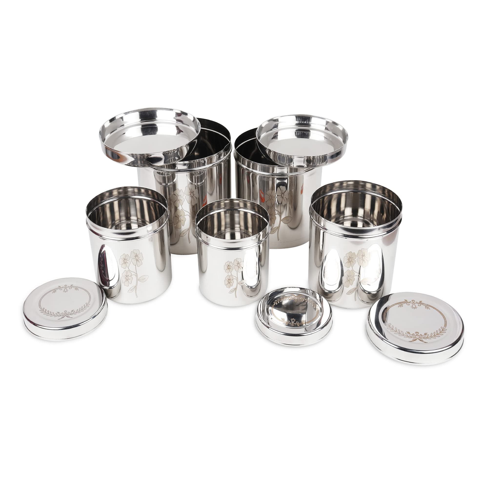DOKCHAN Stainless Steel Laser Print Containers For Kitchen |2500ml, 2000ml, 1750ml, 1250ml, 1000ml (Pack of 5) | Kitchen Storage Container | Dabba For Kitchen