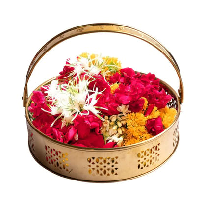 Dokchan Brass Flower Basket | Pooja Basket with Handle | Dolchi Basket for Puja Brass Traditional Round Shape Pooja Basket/Pooja Dalia (8 Inch)