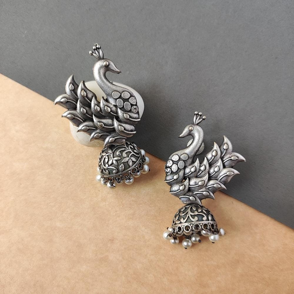 Trendy silver look alike peacock oxidized jhumka earrings for women and girls