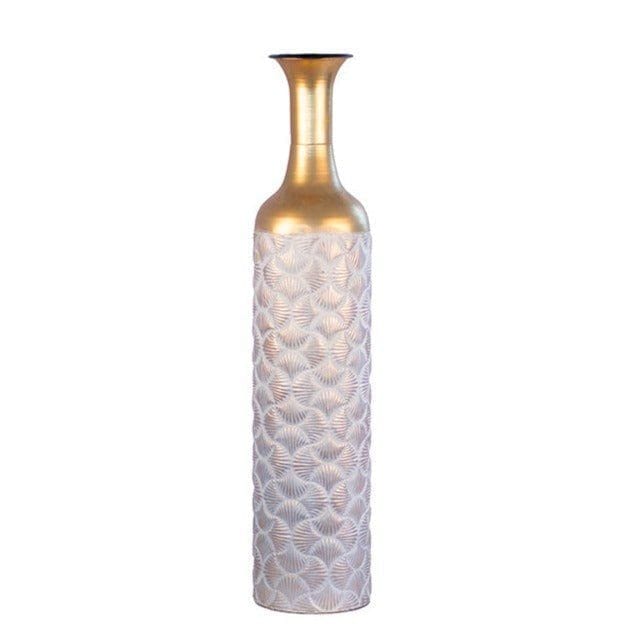 Kezevel Metal Tall Floor Vase - Artistic Big Flower Vase Golden and White Seashell Pattern - Metal Long Vases for Home Decor - Size 20.8X20.8X94.7 CM