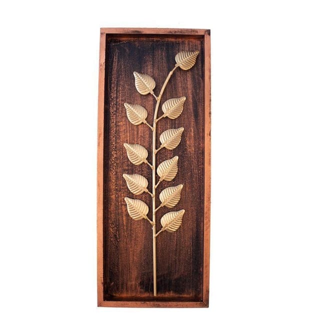 Kezevel Metal Leaf Wall Decor - Metal Wall Art - Golden Finish - Wooden  Frame with Hook - Wall Hangings for Home Decor - Size 20.3X2.54X50.8 CM