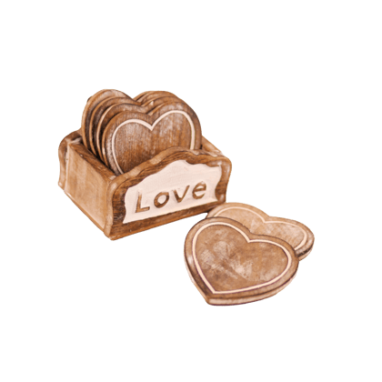 Kezevel Wooden Coasters Mango Wood- Artistically Handcrafted Heart Design - Set of 6 with Holder for Serving - Coaster Plate Size 10X9.5 CM