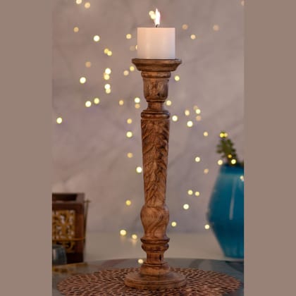 Kezevel Wooden Candle Stand - Artistic 18" H Antique Brown Mango Wood Candle Holders for Home Decoration , Room Decoration , Size 12.7X12.7X45.72 CM