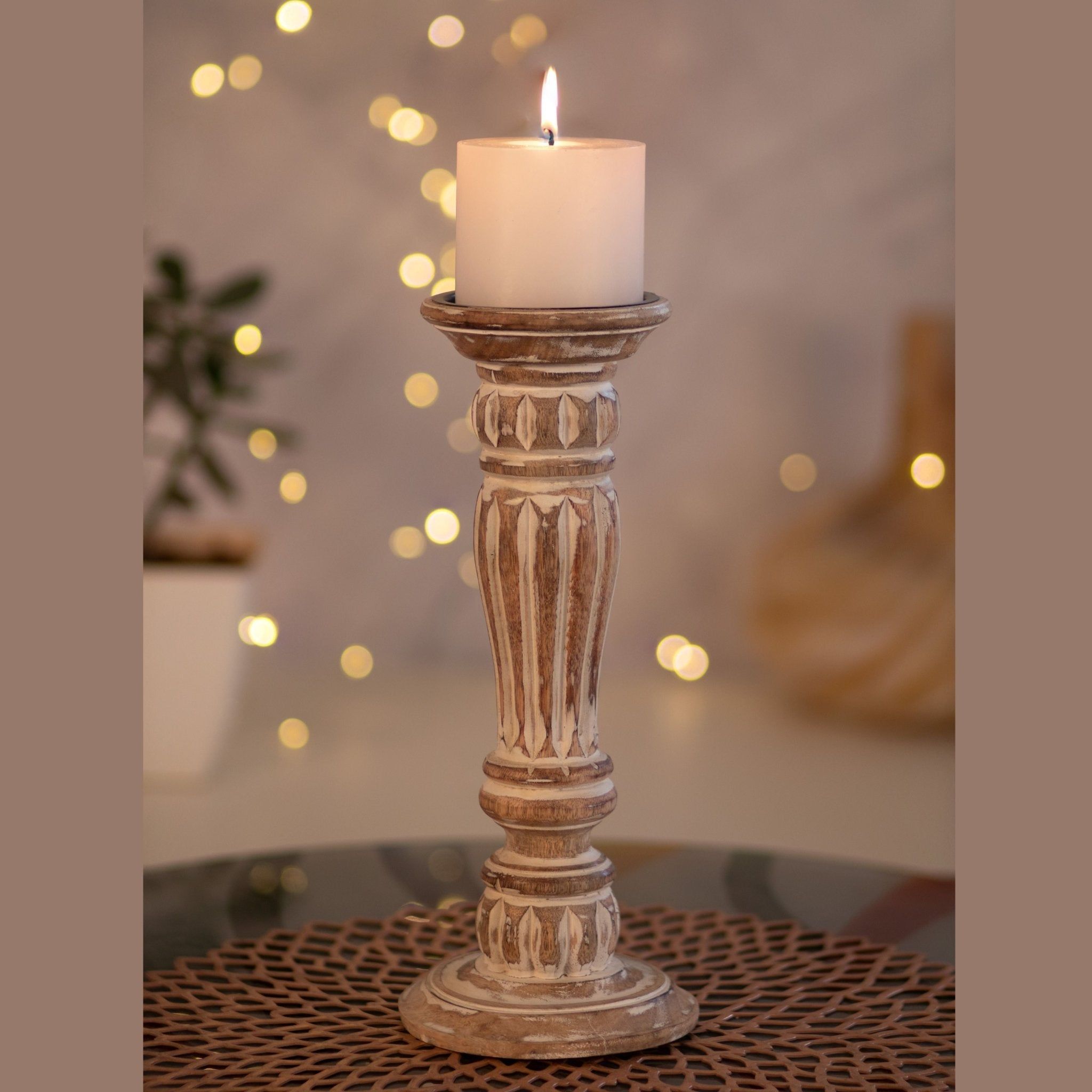 Kezevel Wooden Candle Stand - Artistic 12" H White and Brown Mango Wood Candle Holders for Home Decoration, Room Decoration , Size 12.7X12.7X30.48 CM