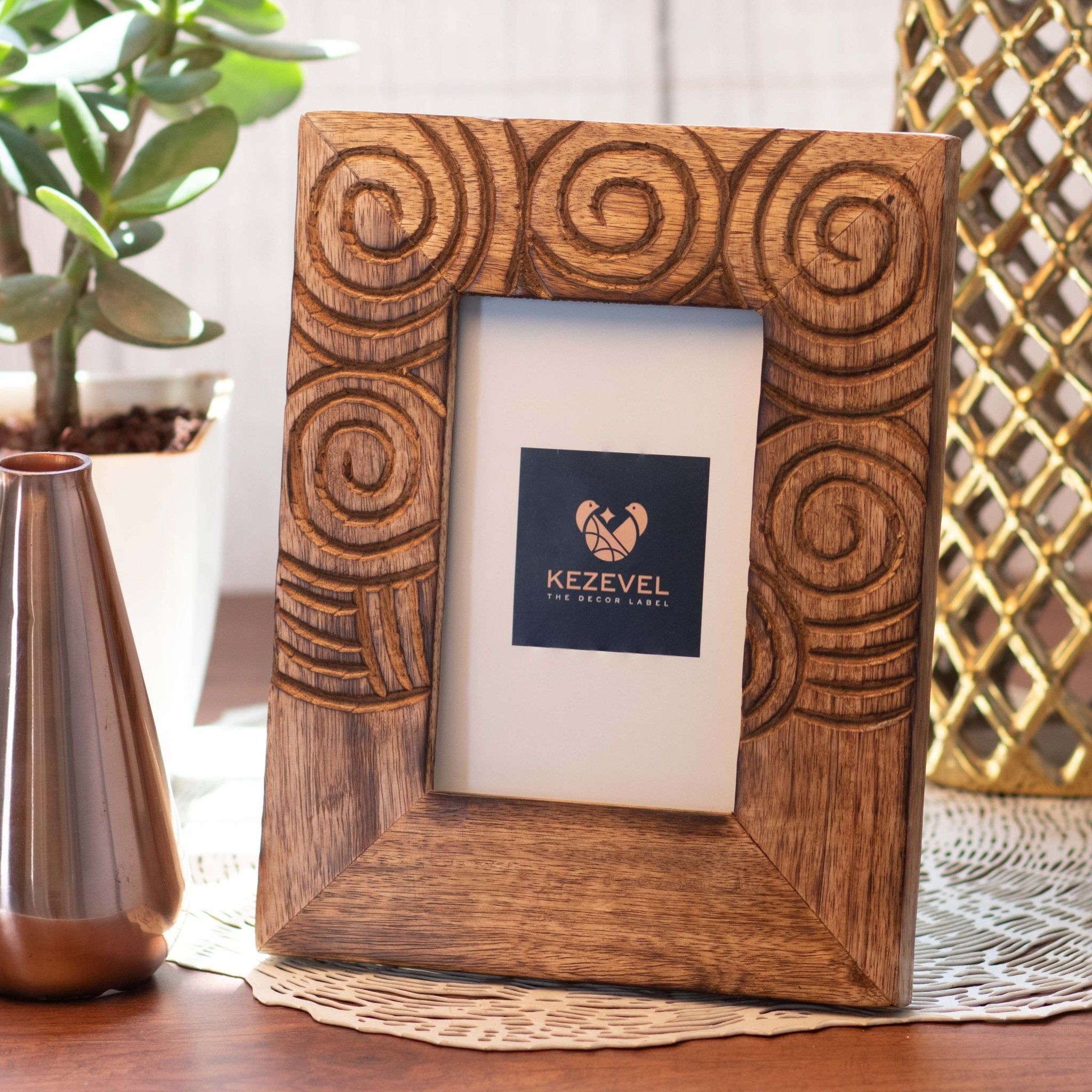 Kezevel Wooden Carved Photo Frames - Artistic Rectangle Photo Frame in Mango Wood for Picture Size 4X6 inch , Picture Frame , Size 19X1.5X24 CM