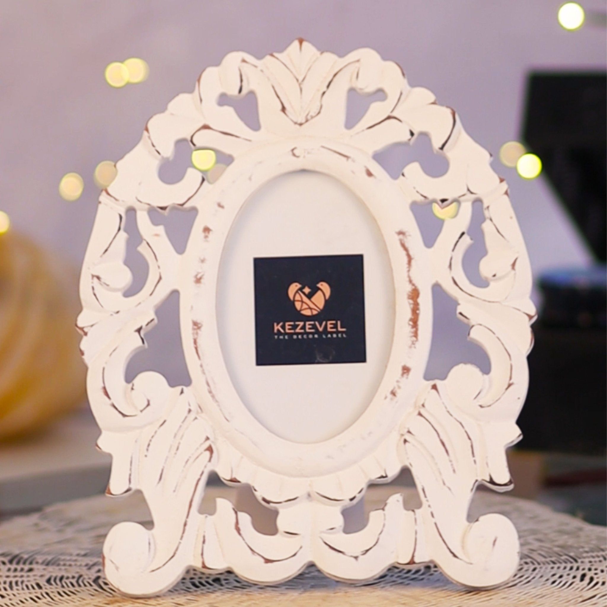 Kezevel Wooden Carved Photo Frames - Artistic Oval Photo Frame in Antique White Finish for Picture Size 4X6 inch, Picture Frame Size 22.86X1.5X27.94CM