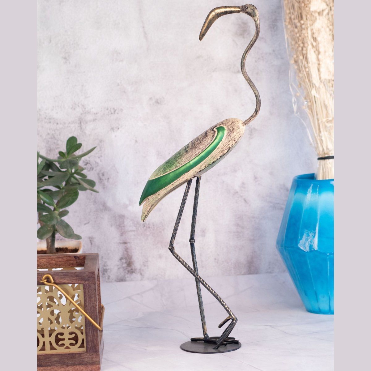 Kezevel Metal Birds Table Decor - Artistic Bird Figurines Statue in Antique Golden Green Finish Metal Showpieces for Home Decor, Size 21.6X9.5X52 CM