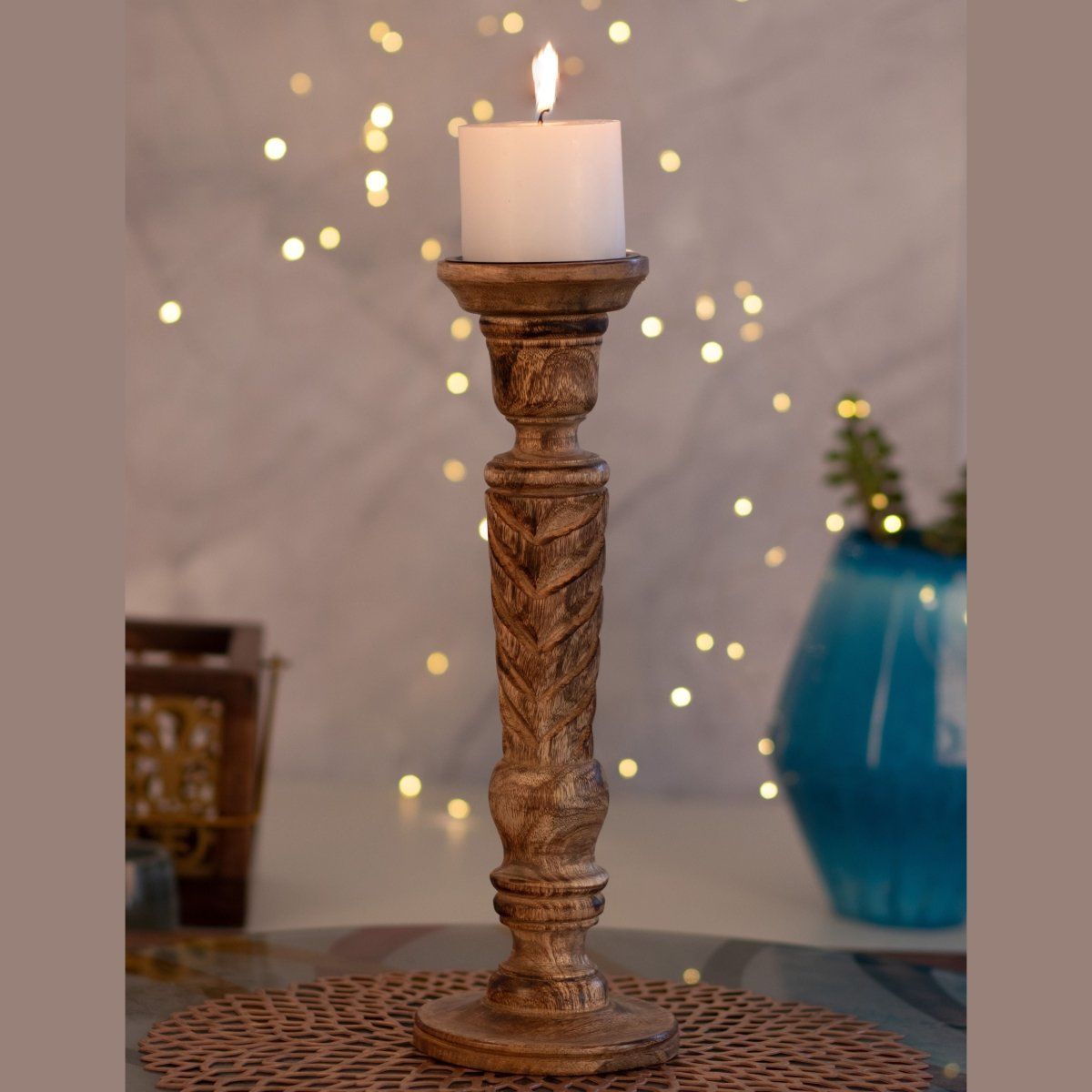 Kezevel Wooden Candle Stand - Artistic 15" H Antique Brown Mango Wood Candle Holders for Home Decoration , Room Decoration , Size 12.7X12.7X38.1 CM