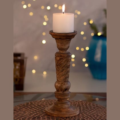 Kezevel Wooden Candle Stand - Artistic 12" H Antique Brown Mango Wood Candle Holders for Home Decoration , Room Decoration , Size 12.7X12.7X30.48 CM