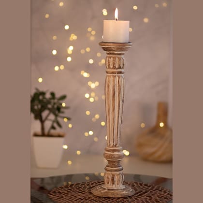 Kezevel Wooden Candle Stand - Artistic 18" H White and Brown Mango Wood Candle Holders for Home Decoration , Room Decoration , Size 12.7X12.7X45.72 CM