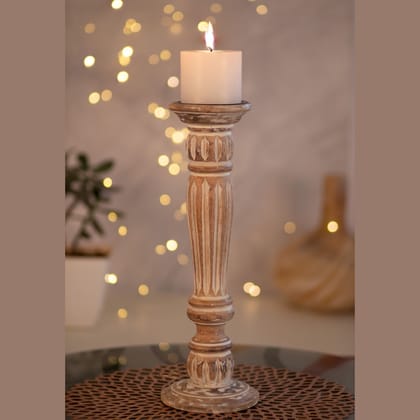 Kezevel Wooden Candle Stand - Artistic 15" H White and Brown Mango Wood Candle Holders for Home Decoration , Room Decoration , Size 12.7X12.7X38.1 CM