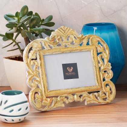 Kezevel Wooden Carved Photo Frames - Artistic Rectangle Photo Frame in White & Gold Finish for Picture Size 7X5 inch, Picture Frame Size 29X1.5X26.5CM