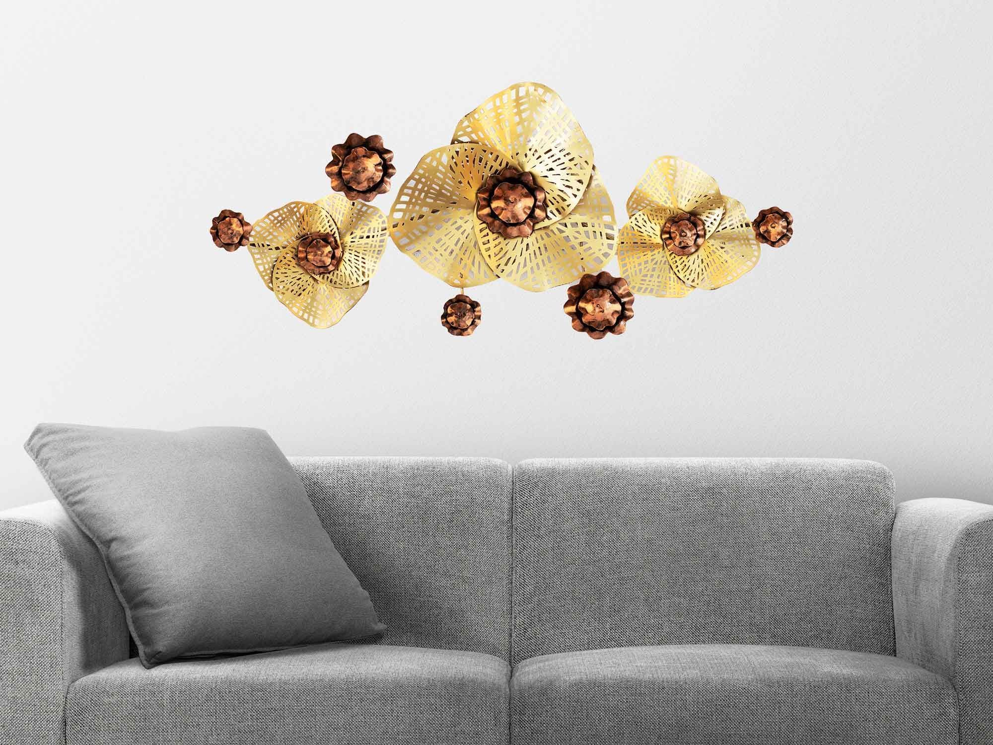 Kezevel Floral Metal Wall Decor - Artistic Handcrafted Metallic Abstract Floral Wall Hanging - Golden Bronze Finish for Home Decor - Size 115X7.6X50CM