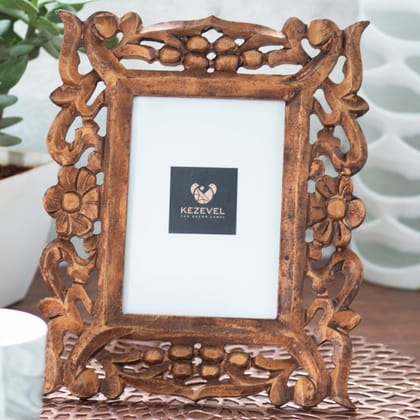 Kezevel Wooden Carved Photo Frames - Artistic Rectangle Photo Frame in Bronze Finish for Picture Size 5X7 inch , Picture Frame Size 24.13X1.5X29.21 CM