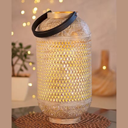 Kezevel Metal Table Decor Lantern - Artistically Hand Carved Golden and White Finish Decorative Candle Holder Lantern for Home Decor , Size 22X22X42CM