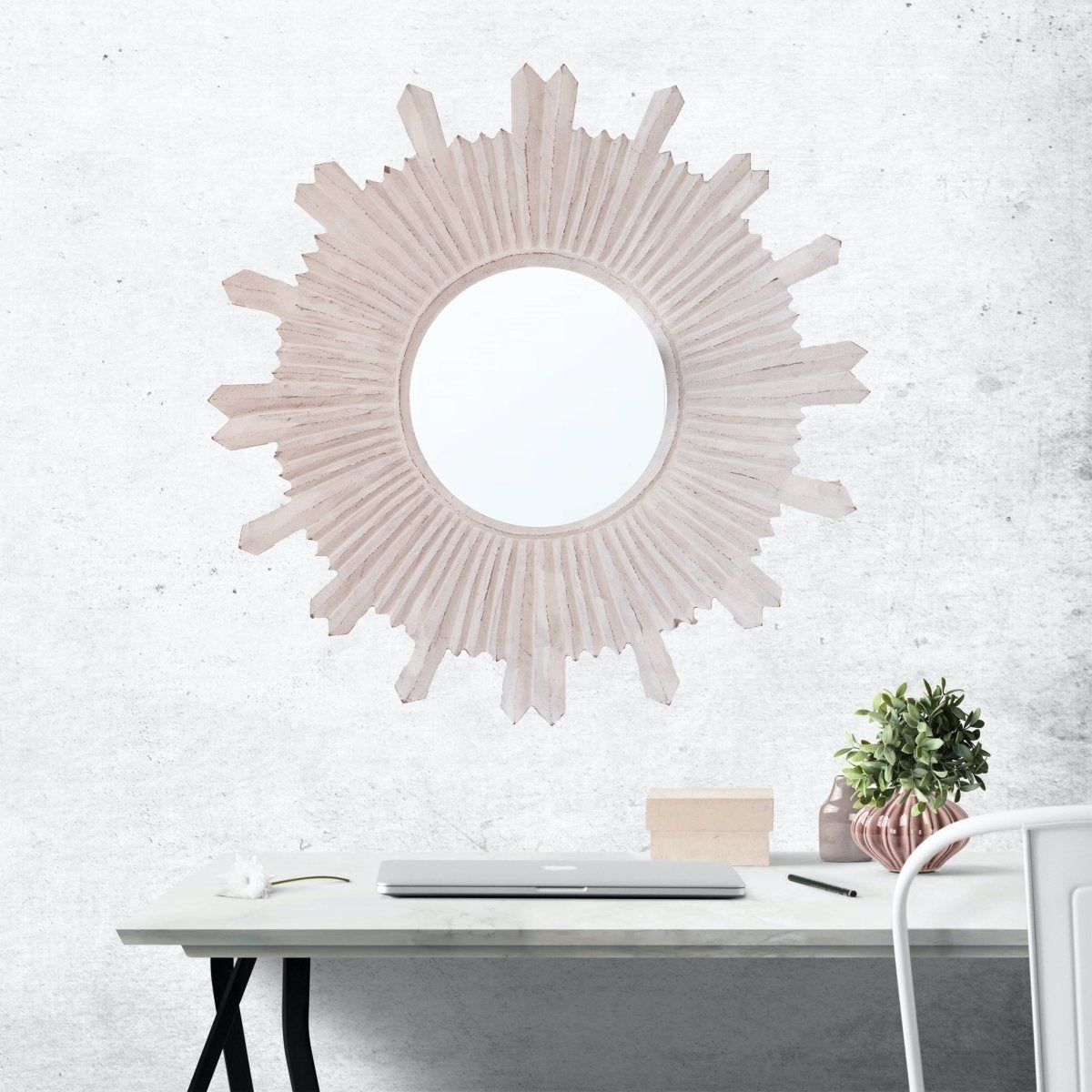 Kezevel Wooden Wall Hanging Mirror - Round Whitewashed Handcrafted Decorative Mirrors for Living Room, Wall Showpiece, Mirror Frame, Size 60X2X60 CM