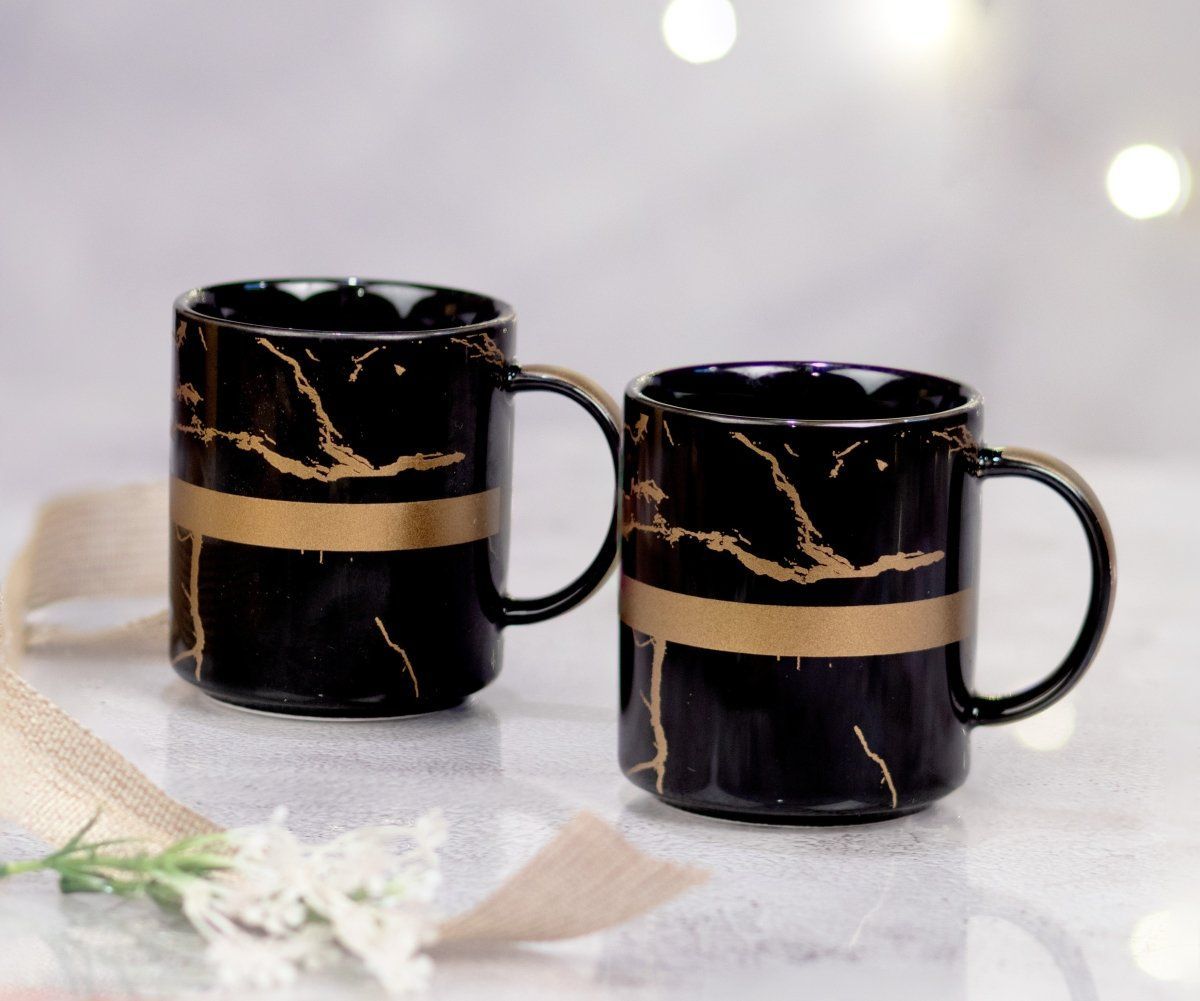 Kezevel Black & Gold Mug - Set of 2 Porcelain Mugs in Marble Finish