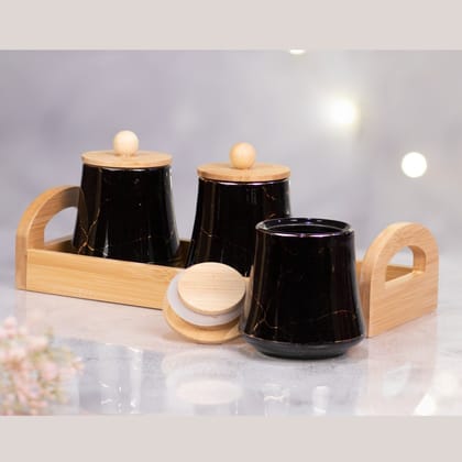 Kezevel Marble finish Porcelain Jars - Set of 3 with a Bamboo Tray Holder. Black and Golden Marble Finish.