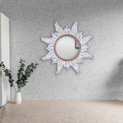 Kezevel Wooden Wall Hanging Mirror - Round White Brown Handcrafted Decorative Mirror for Living Room, Mirror Frame, Wall Mirror, Size 60.96X2.54X60.96 CM