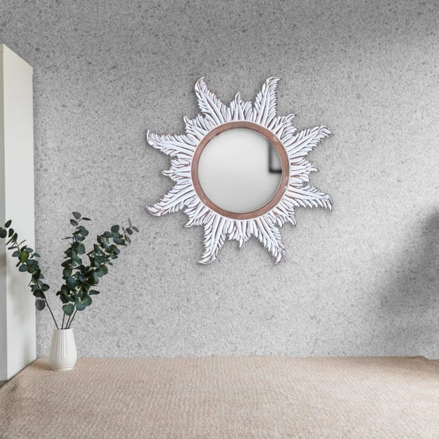 Kezevel Wooden Wall Hanging Mirror - Round White Brown Handcrafted  Decorative Mirror for Living Room, Mirror Frame, Wall Mirror, Size  60.96X2.54X60.96 CM