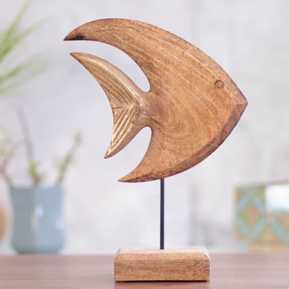 Kezevel Wooden Fish Table Decor - Brown and Golden Showpieces for Living Room, Wooden Showpiece for Home Decor, Fish Figurine, Size 25.5X12.5X35 CM