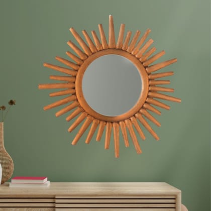 Kezevel Wooden Wall Hanging Mirror - Round Matt Golden Handcarved Decorative Mirrors for Living Room, Wall Showpiece, Mirror Frame, Size 60X2X60 CM