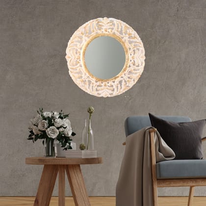 Kezevel Wooden Wall Hanging Mirror - Round Golden White Artistically Handcarved Decorative Mirrors, Mirror for Wall Decoration, Size 60X2X60 CM