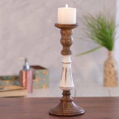 Kezevel Wooden Candle Stand - Artistic Vintage White & Brown Mango Wood Candle Holders for Home Decoration, Pillar Candle Holder, Size 15X15X38 CM