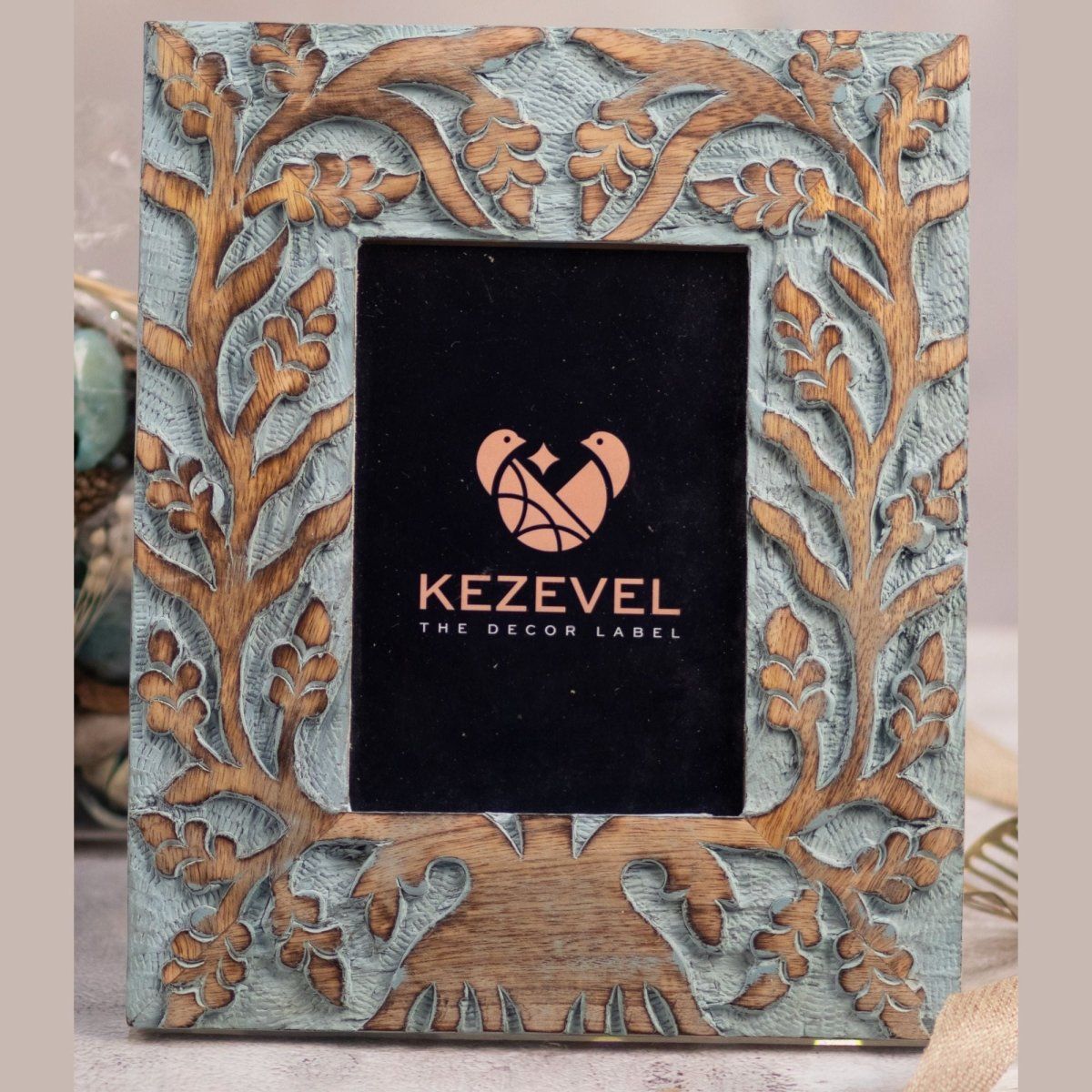 Kezevel Carved Wooden Photo Frames - Artistic Rectangle Photo Frame for Table in Brown and Blue for Picture Size 5X7 inch , Size 24.2X1.5X29.2 CM