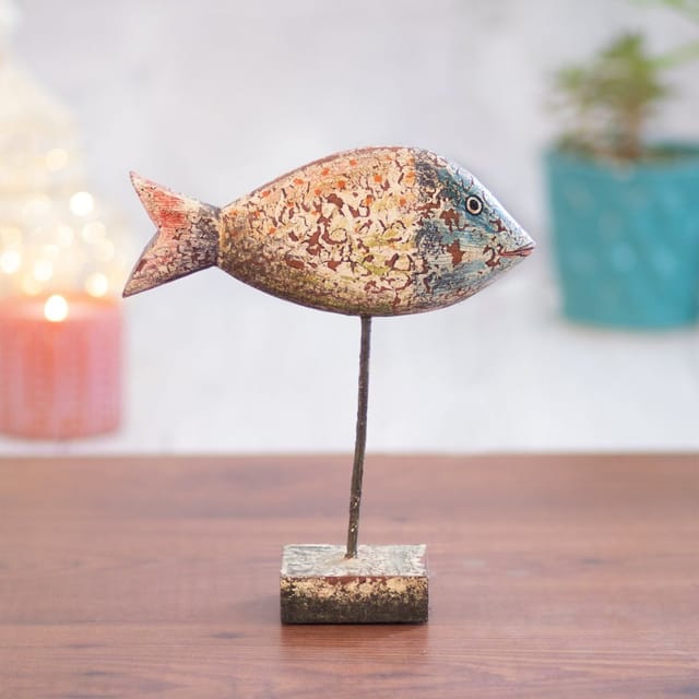 Kezevel Wooden Fish Table Decor - Blue And Brown Showpieces For