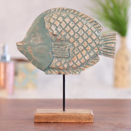 Kezevel Wooden Fish Table Decor - Blue and Brown Showpieces for Living Room, Wooden Showpiece for Home Decor, Fish Figurine, Size 27X8.5X30.5 CM