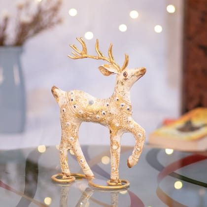 Kezevel Christmas Decoration Reindeer Statue - Artistic White and Golden Metal Deer Showpiece for Home Decor, Xmas, Reindeer Figurine, Size 19X6X26 CM