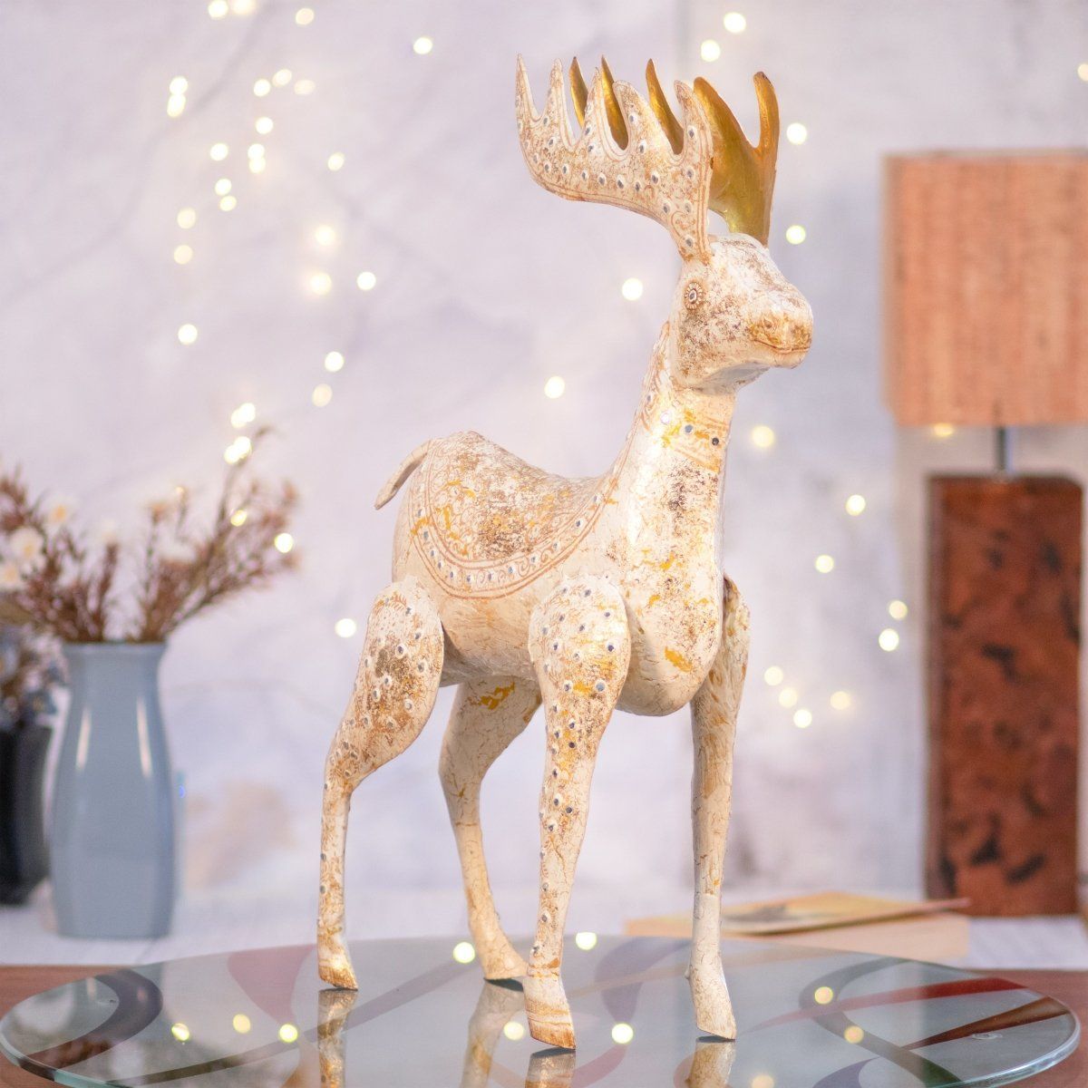 Kezevel Christmas Decoration Reindeer Statue-Artistic White and Golden Metal Deer Showpiece for Home Decor, Xmas, Reindeer Figurine, Size 40X20X54.5CM