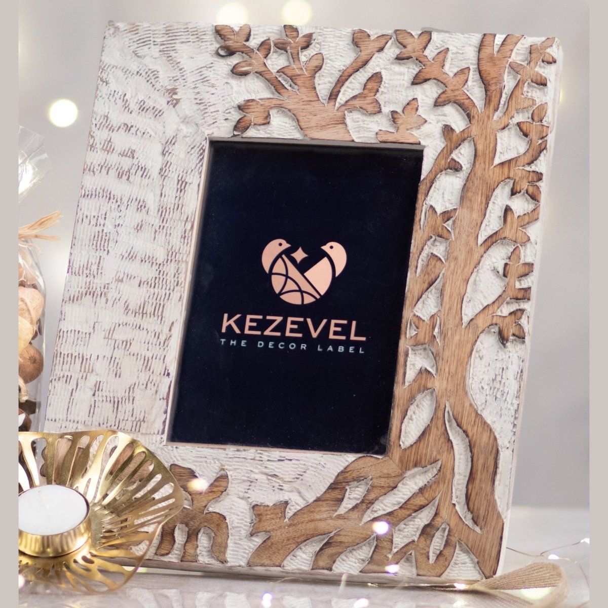 Kezevel Carved Wooden Photo Frames - Artistic Rectangle Photo Frame for Table in Brown and Ivory for Picture Size 5X7 inch , Size 24.5X1.5X29.5 CM