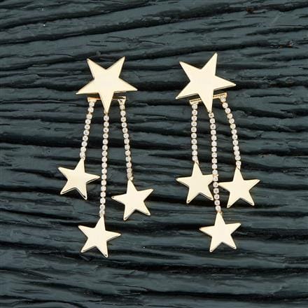 Gold Toned Star Shaped Stud with Chain Back Drop Earrings