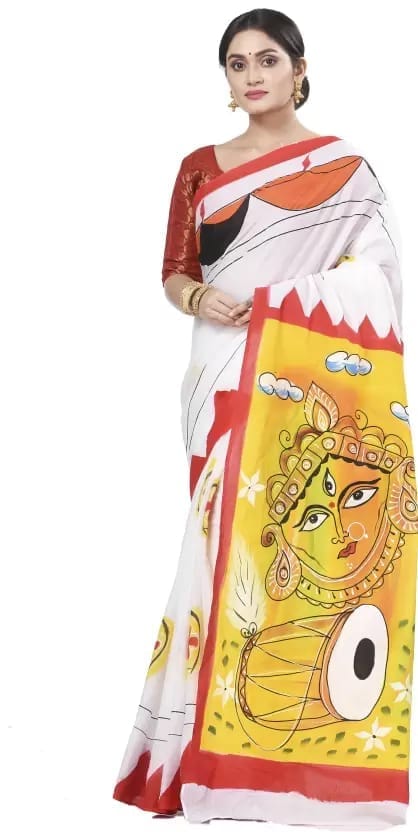 Hand Painted Handloom Pure Cotton Saree  (White)