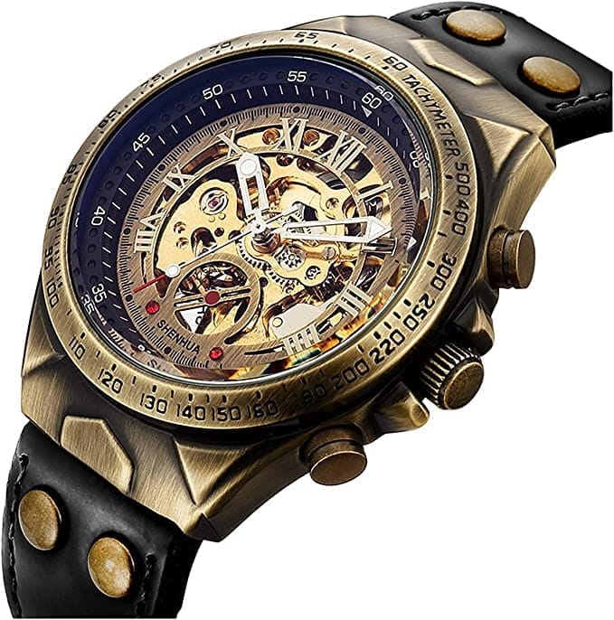 Forsining Skeleton Genuine Leather Série Mystère d'Art Vintage Engraved Rotatable Bezeled Self Winding Automatic Tourbillon Blue Moon Mechanical Analog Watch - For Men