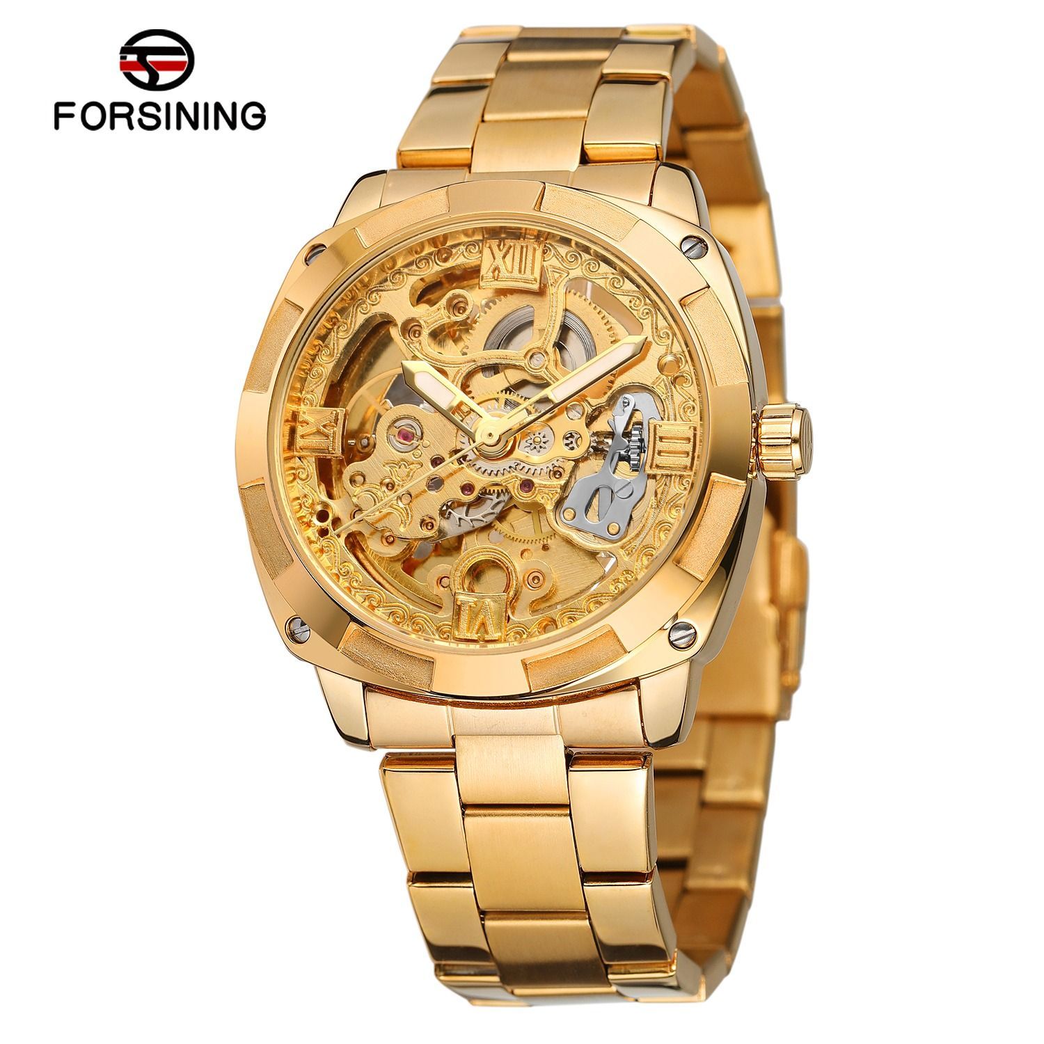 Forsining Série Mystère d'Art Vintage Engraved Rotatable Bezeled Self Winding Automatic Tourbillon Blue Moon Mechanical Stainless Steel Analog Watch - For Men