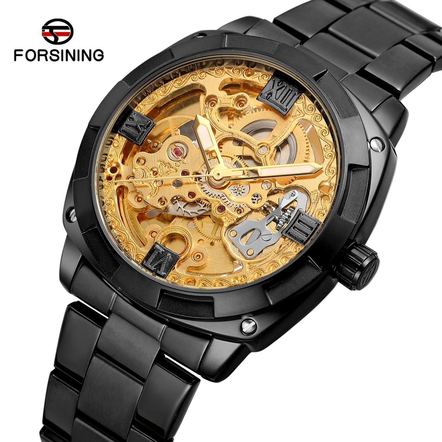 Forsining Série Mystère d'Art Vintage Engraved Rotatable Bezeled Self Winding Automatic Tourbillon Blue Moon Mechanical Stainless Steel Analog Watch - For Men