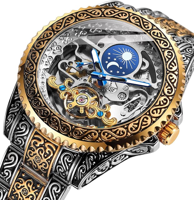 Forsining Serie Mystere d Art Vintage Engraved Rotatable Bezeled Self Winding Automatic Tourbillon Blue Moon Mechanical Stainless Steel Analog Watch For Men