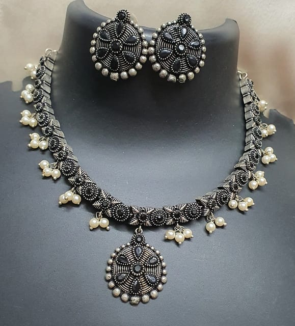 Latest Party Wear Oxidised German Silver Necklace with Pearl Jhumkas |  Sasitrends | Sasitrends