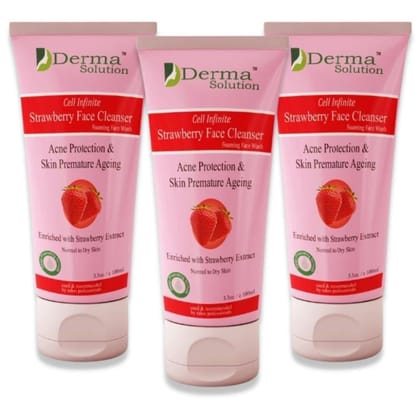 Derma Solution Strawberry Face Wash | For Acne Protection & Anti Ageing | Removes Dryness | Pimple Remover | Skin Hydrating | Normal to Dry Skin - Pack of 3 (300ml)