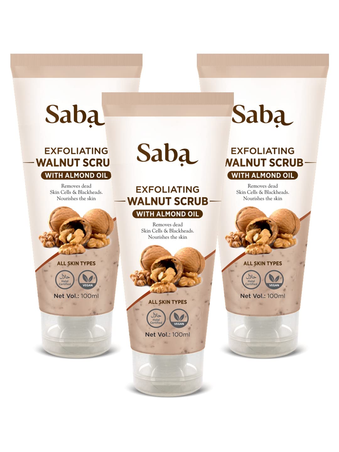 Saba Exfoliating Walnut Scrub, Saba Daily Moisturizing Face Wash & Saba Anti Acne Neem Face Wash | Face Care Combo | All Skin Types | 100 ml Each | Pack Of 3